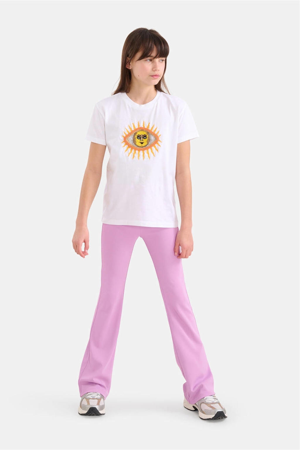 Paarse meisjes Shoeby high waist flared broek licht van polyester met regular waist, elastische tailleband en effen