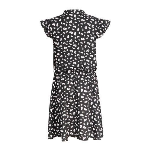 Shoeby jurk met all over print en ruches zwart wit Meisjes Viscose Opstaande kraag 158 164