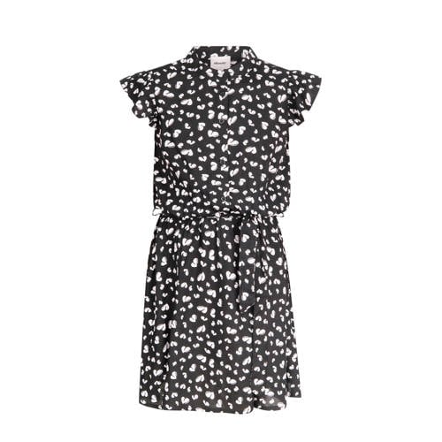 Shoeby jurk met all over print en ruches zwart/wit Meisjes Viscose Opstaande kraag - 110/116