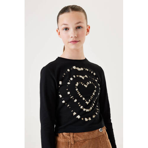 Garcia longsleeve met printopdruk zwart ecru Meisjes Stretchkatoen Ronde hals 128 134