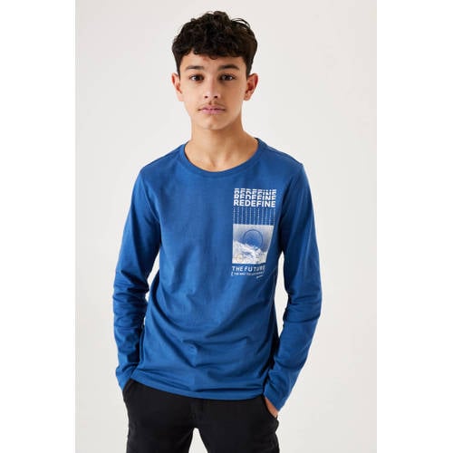 Garcia longsleeve met printopdruk kobalt blauw Jongens Katoen Ronde hals 176
