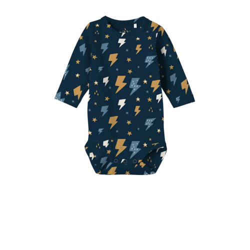 name it BABY romper NBMVROELS set van 2 met all over print donkerblauw beige Jongens Stretchkatoen Ronde hals 68