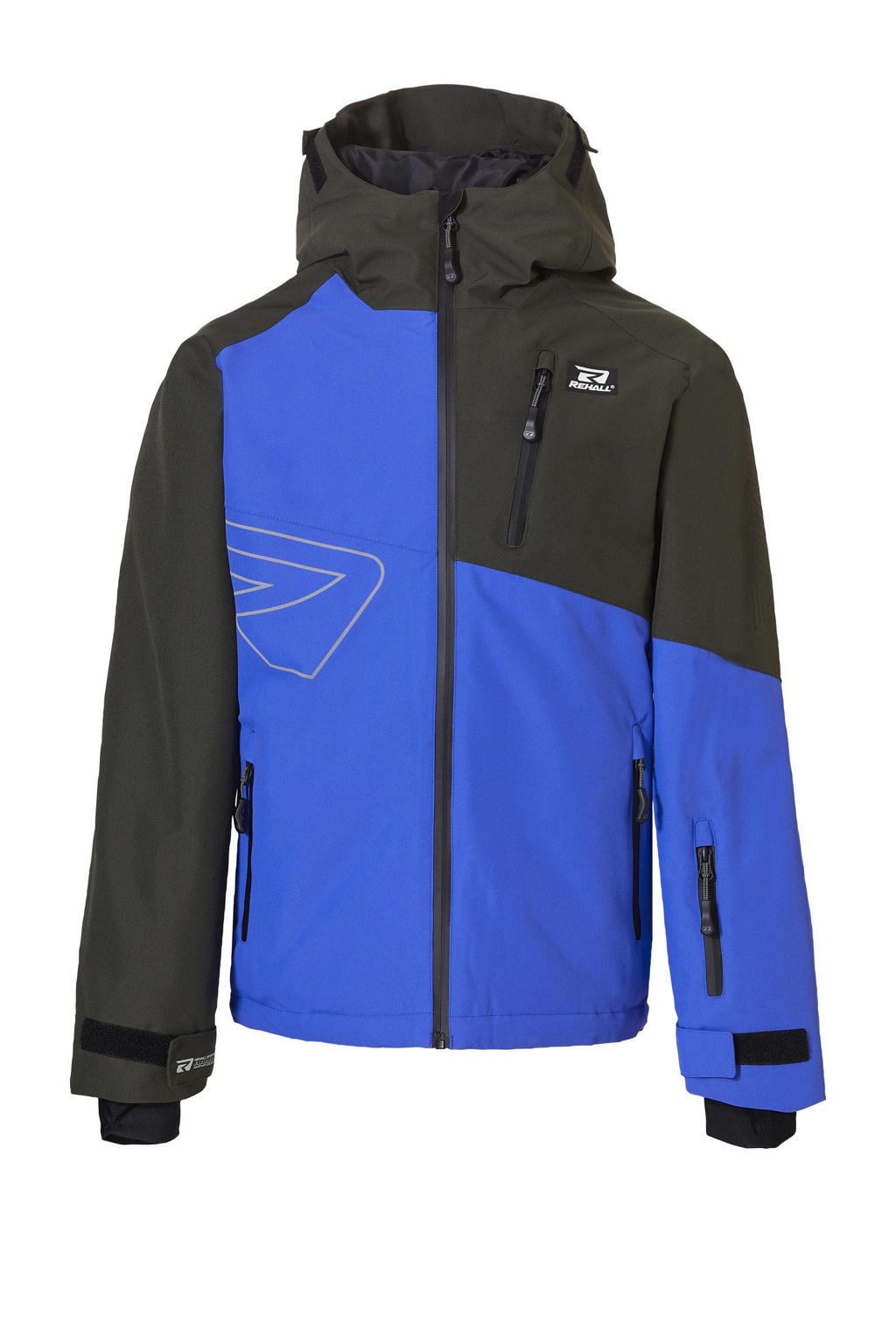 Blauw, kobaltblauw en zwarte jongens Rehall ski-jack Cravin Jr van polyester met meerkleurige print, capuchon en winddichte rits