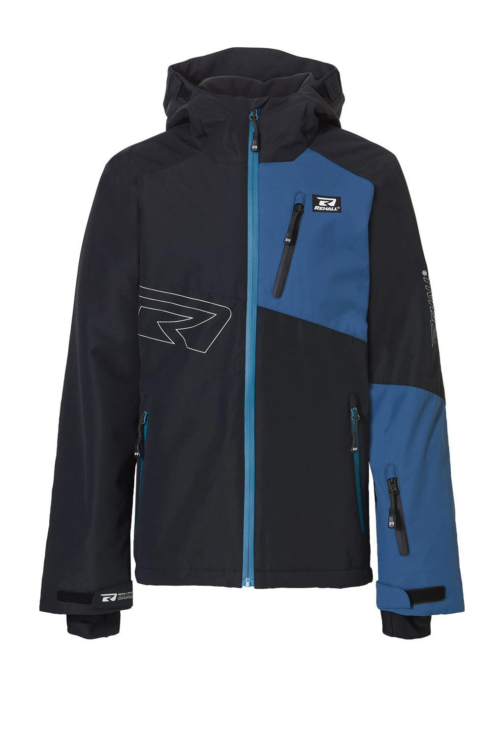 Zwart en petrolkleurige jongens Rehall ski-jack Cravin Jr van polyester met meerkleurige print, capuchon en winddichte rits