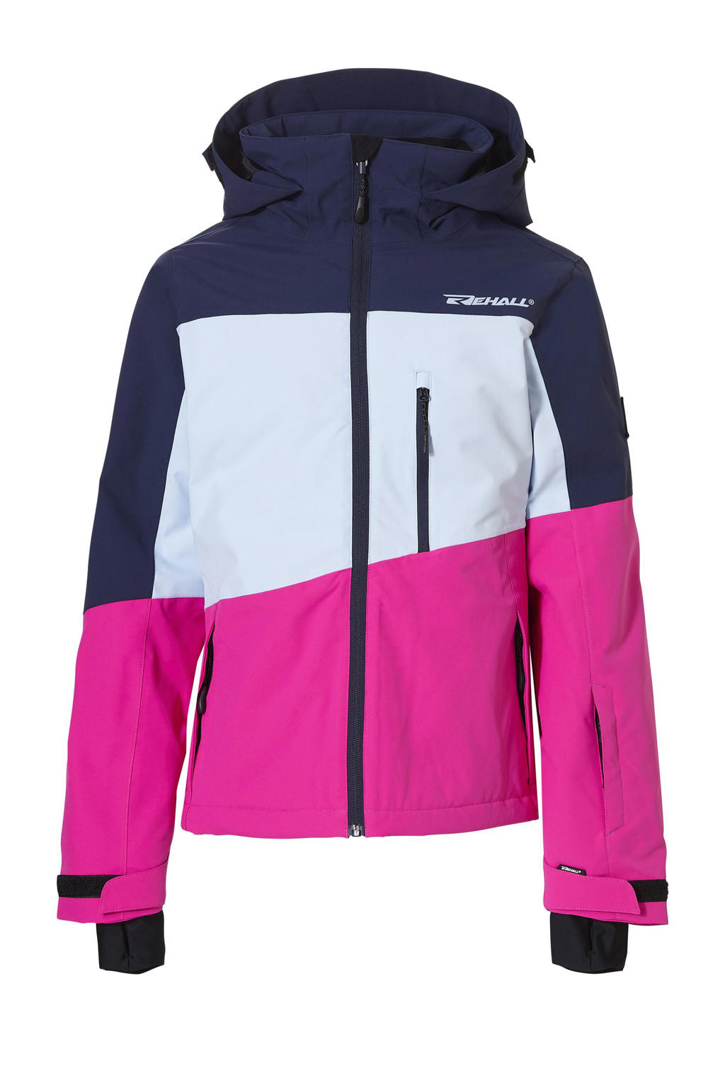 Blauw, wit en fuchsia meisjes Rehall ski-jack Liv Jr van polyester met meerkleurige print, capuchon en winddichte rits