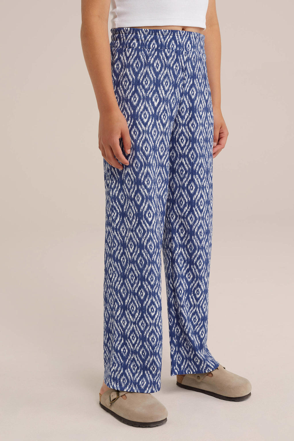 Lichtblauwe meisjes WE Fashion gestreepte straight fit broek van polyester met elastische tailleband