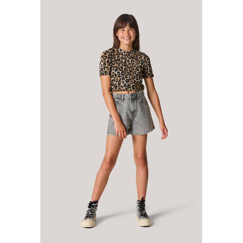 Shoeby T-shirt met panterprint bruin zwart Meisjes Polyester Ronde hals 146 152