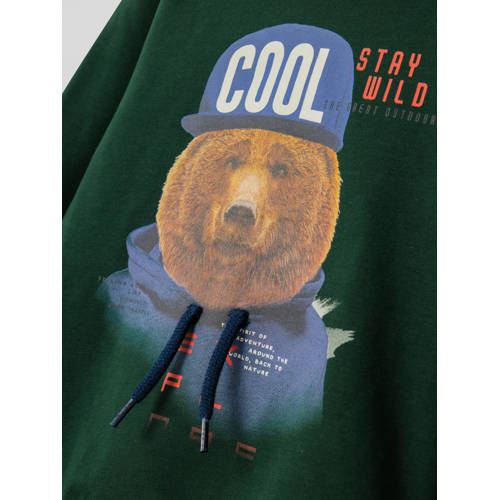 name it MINI hoodie NMMLABEAR met printopdruk donkergroen Sweater Printopdruk 104