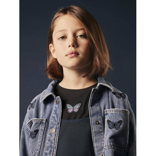 name it KIDS spijkerjas NKFELLY met all over print medium blue denim Blauw Meisjes Stretchdenim Klassieke kraag 134