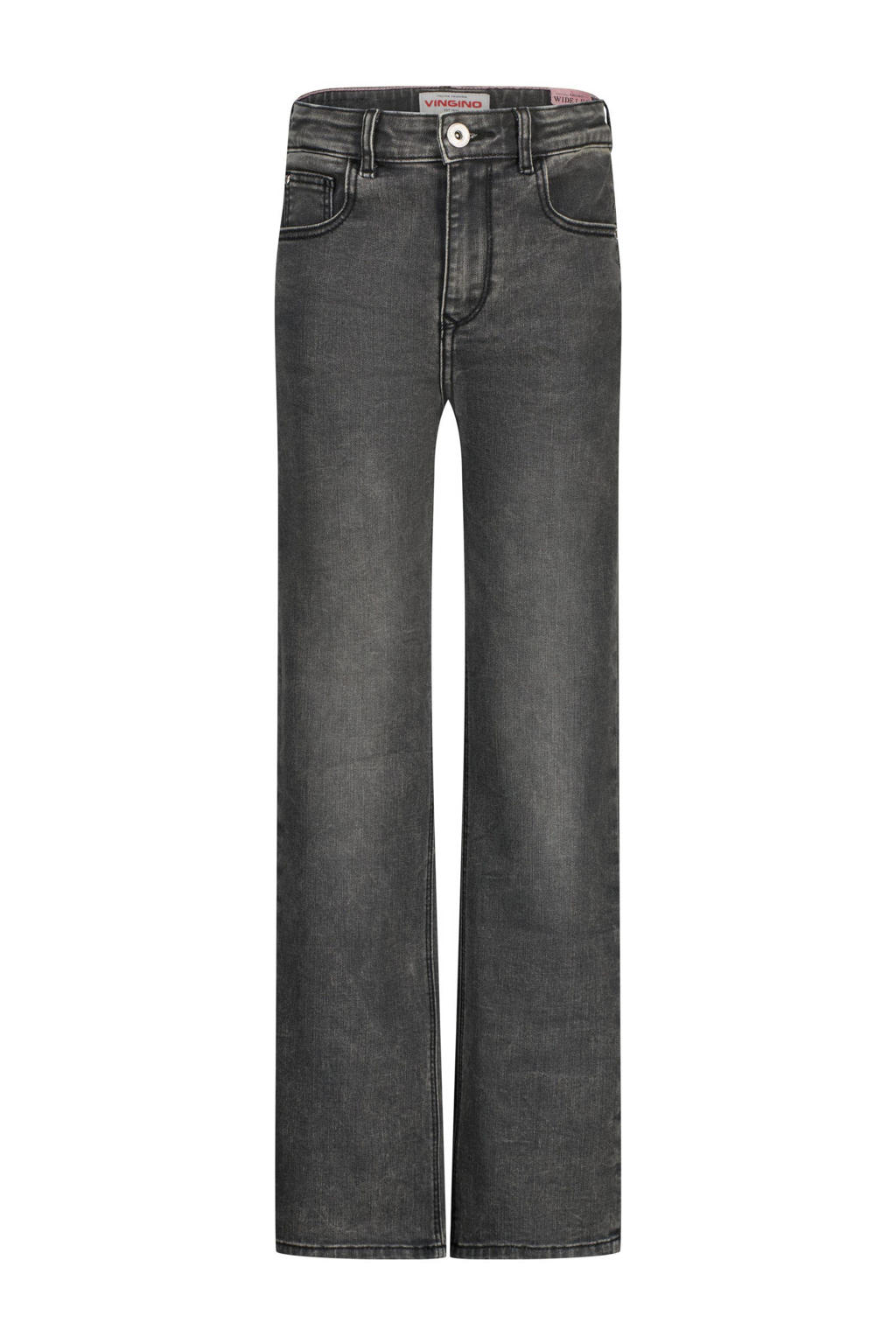 Grey denim meisjes Vingino high waist loose fit jeans stone van denim met rits- en knoopsluiting en effen