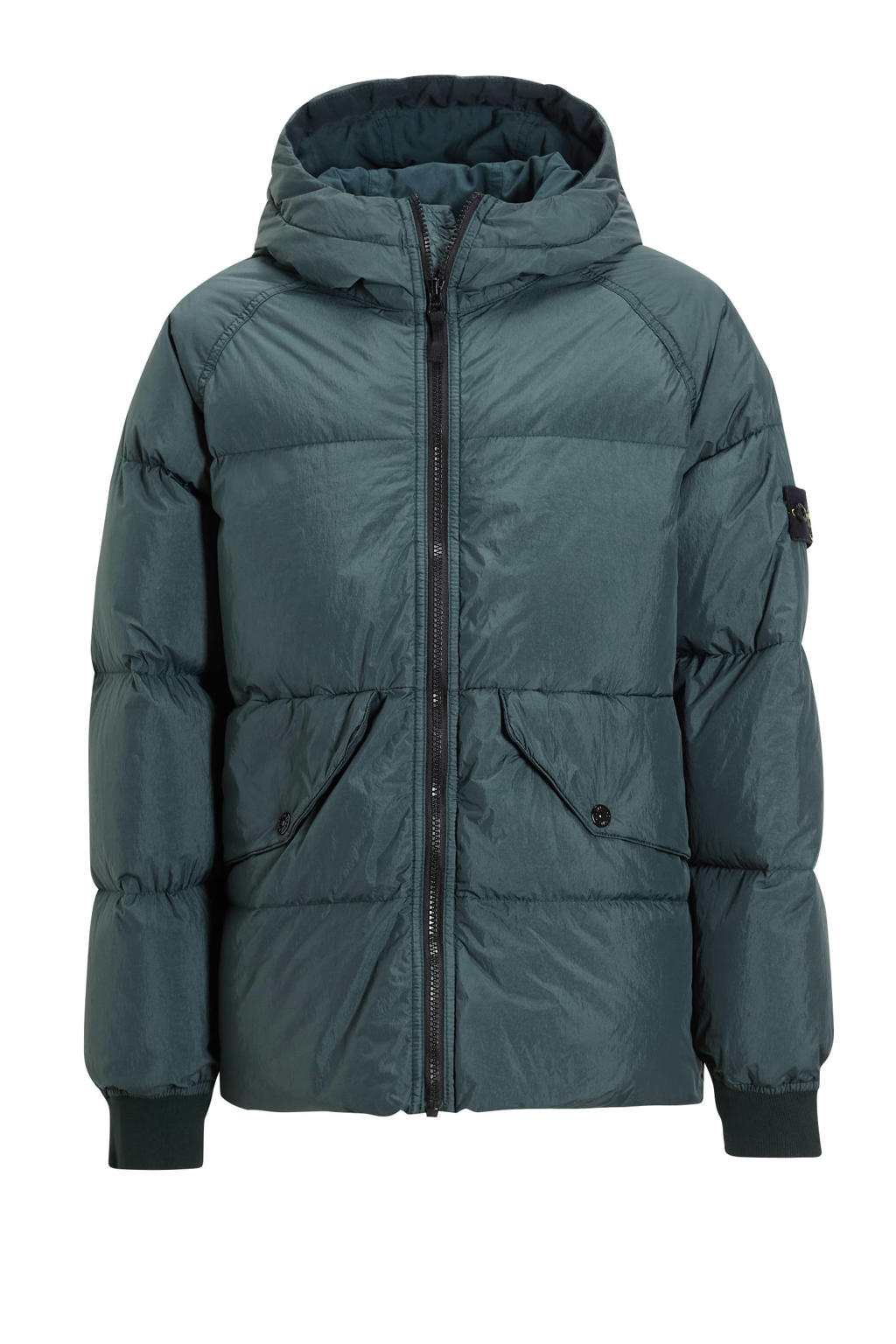 Blauwe jongens Stone Island gewatteerde winterjas van polyamide met effen, lange mouwen, capuchon en ritssluiting