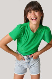 thumbnail: Groene meisjes Shoeby T-shirt van polyester met effen, korte mouwen, ronde hals en ajour details
