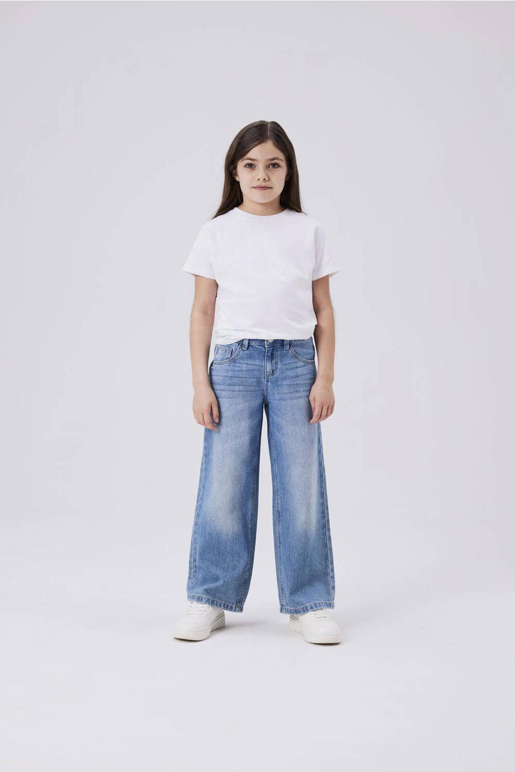 Blauwe meisjes NAME IT KIDS wide leg jeans van denim met rits- en knoopsluiting en effen