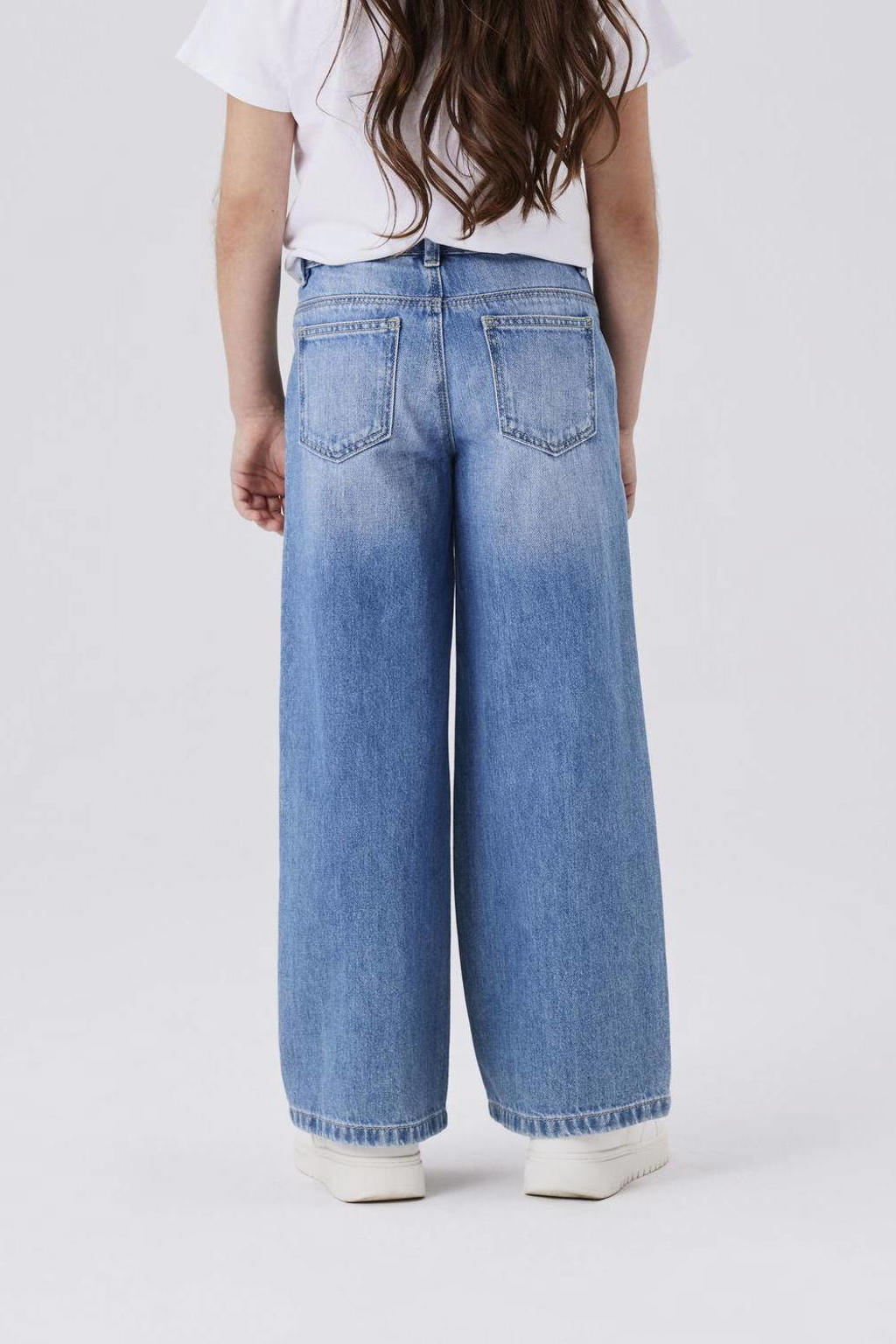 Blauwe meisjes NAME IT KIDS wide leg jeans van denim met rits- en knoopsluiting en effen
