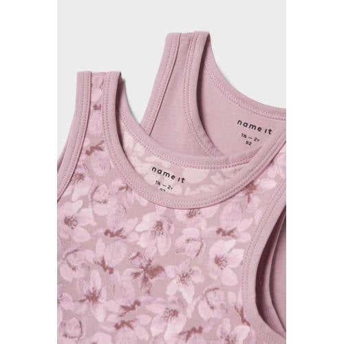 name it MINI hemd NMFTANK TOP FLOWER set van 2 mauve Paars Meisjes Stretchkatoen Ronde hals 104