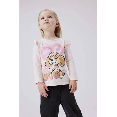 name it MINI Paw Patrol longsleeve NMFJUTTE met printopdruk en ruches zachtroze Meisjes Stretchkatoen Ronde hals 104