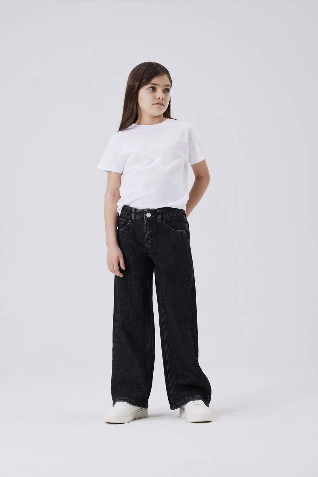 Grey denim meisjes NAME IT KIDS wide leg jeans van denim met rits- en knoopsluiting en effen