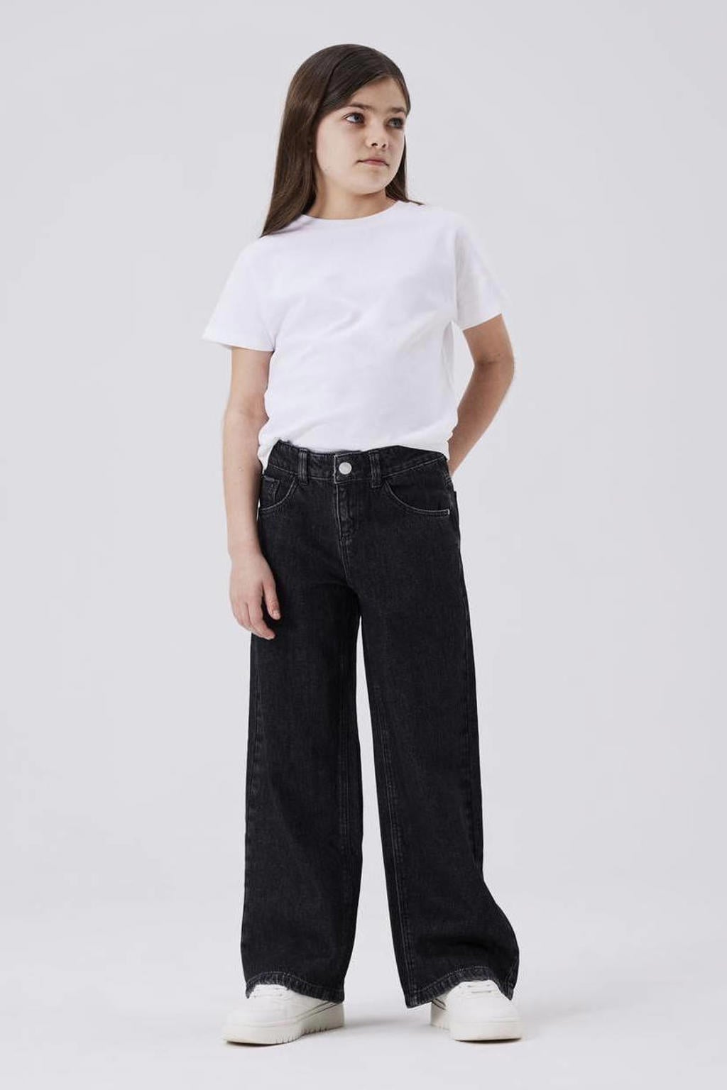 Grey denim meisjes NAME IT KIDS wide leg jeans van denim met rits- en knoopsluiting en effen