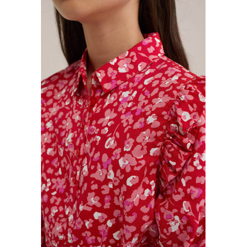 WE Fashion jurk met all over print en ruches rood roze Meisjes Viscose Klassieke kraag 170 176