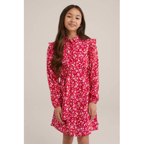 WE Fashion jurk met all over print en ruches rood roze Meisjes Viscose Klassieke kraag 170 176