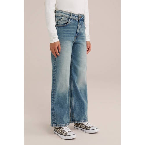 WE Fashion high waist wide leg jeans green cast denim Blauw Meisjes Stretchdenim 164