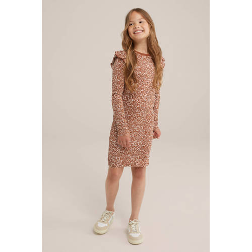 WE Fashion gebloemde jurk bruin wit Meisjes Katoen Ronde hals Bloemen 134 140