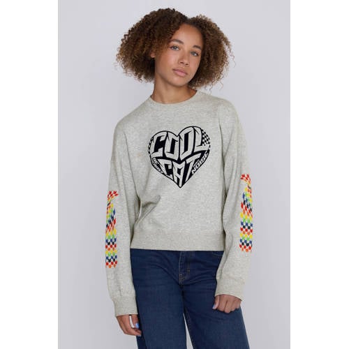 Coolcat Sweater Nola met Fluwelen Hart Print Trui Grijs Meisjes Katoen Ronde hals