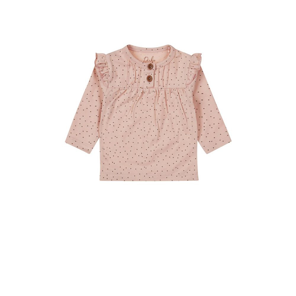 Roze meisjes Dirkje baby longsleeve en ruches met lange mouwen, ronde hals en knoopsluiting