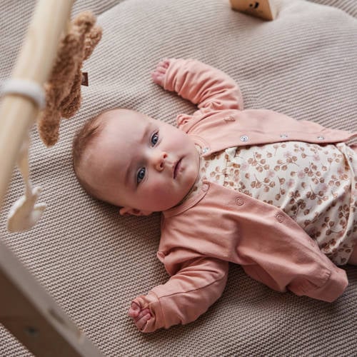 Dirkje baby longsleeve met all over print en ruches lichtbruin roze ecru Meisjes Stretchkatoen Ronde hals 62