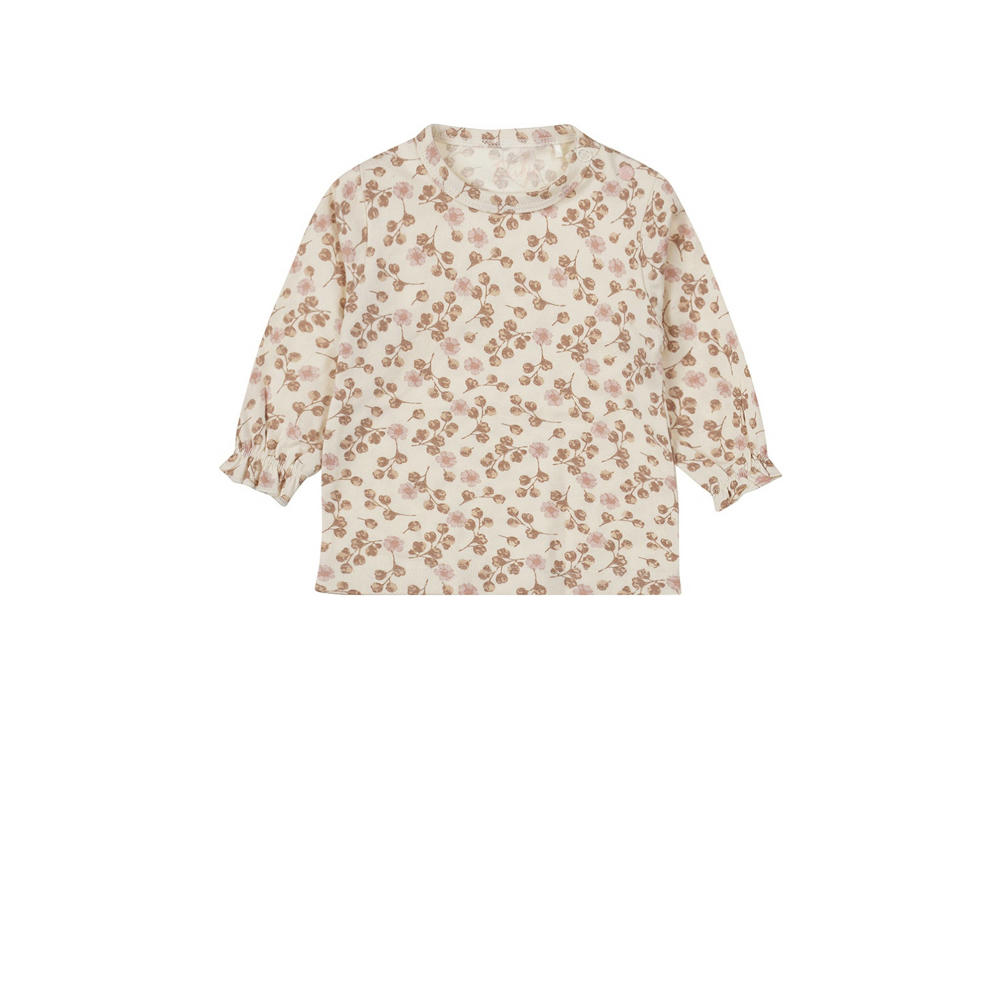 Lichtbruin, roze en ecru meisjes Dirkje baby longsleeve en ruches met lange mouwen, ronde hals en drukknoopsluiting