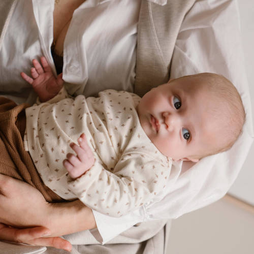 Dirkje baby longsleeve met all over print en overslag detail ecru bruin Jongens Meisjes Stretchkatoen Ronde hals 56