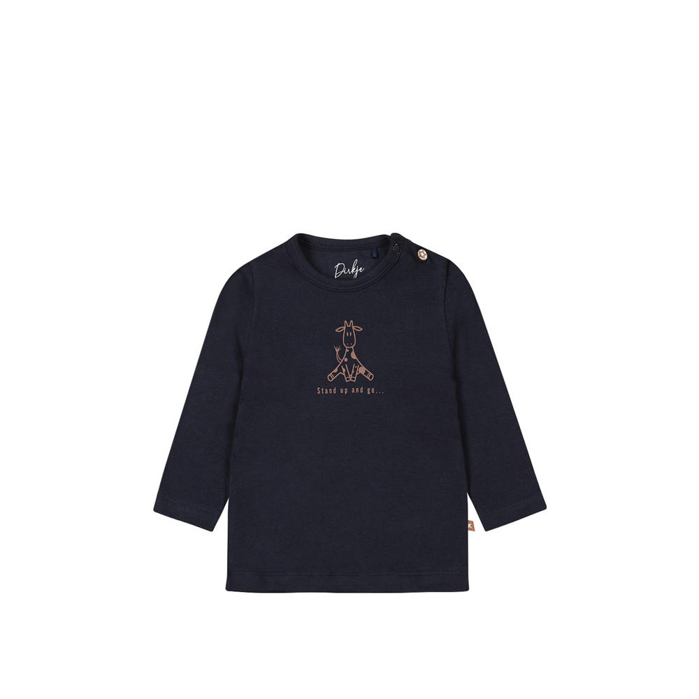 Blauwe jongens Dirkje baby longsleeve van stretchkatoen met printopdruk, lange mouwen, ronde hals en knoopsluiting