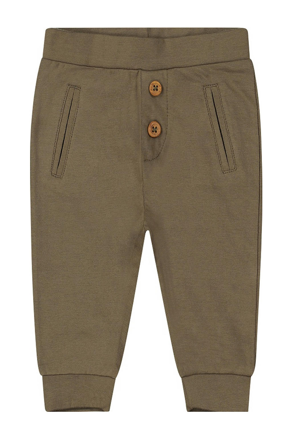 Groene jongens Dirkje baby broek van stretchkatoen met elastische tailleband en effen