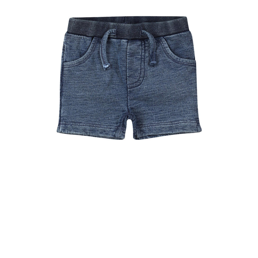 Blauwe jongens Dirkje short van sweat materiaal met elastische tailleband met koord en effen