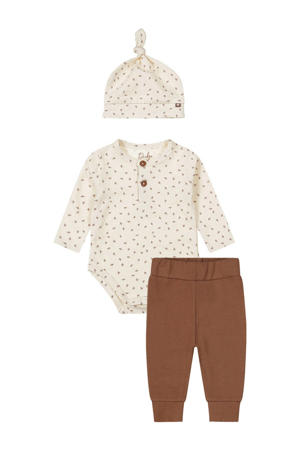 romper + broek + muts bruin/offwhite
