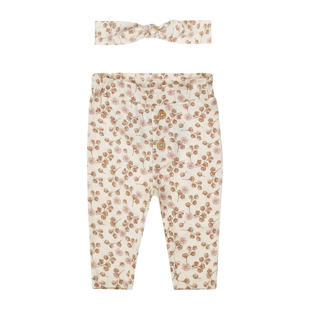 Lichtbruin, roze en ecru meisjes Dirkje babybroek + haarband van stretchkatoen met elastische tailleband
