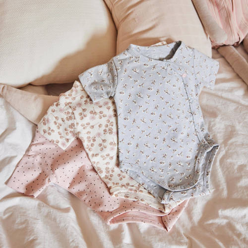 Dirkje romper set van 3 roze offwhite Meisjes Stretchkatoen V-hals All over print 74 80