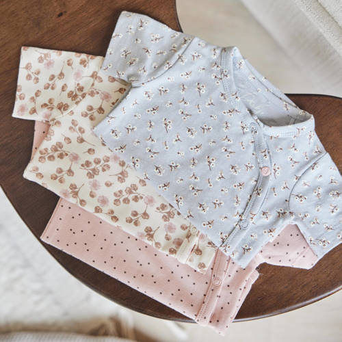 Dirkje romper set van 3 roze offwhite Meisjes Stretchkatoen V-hals All over print 74 80