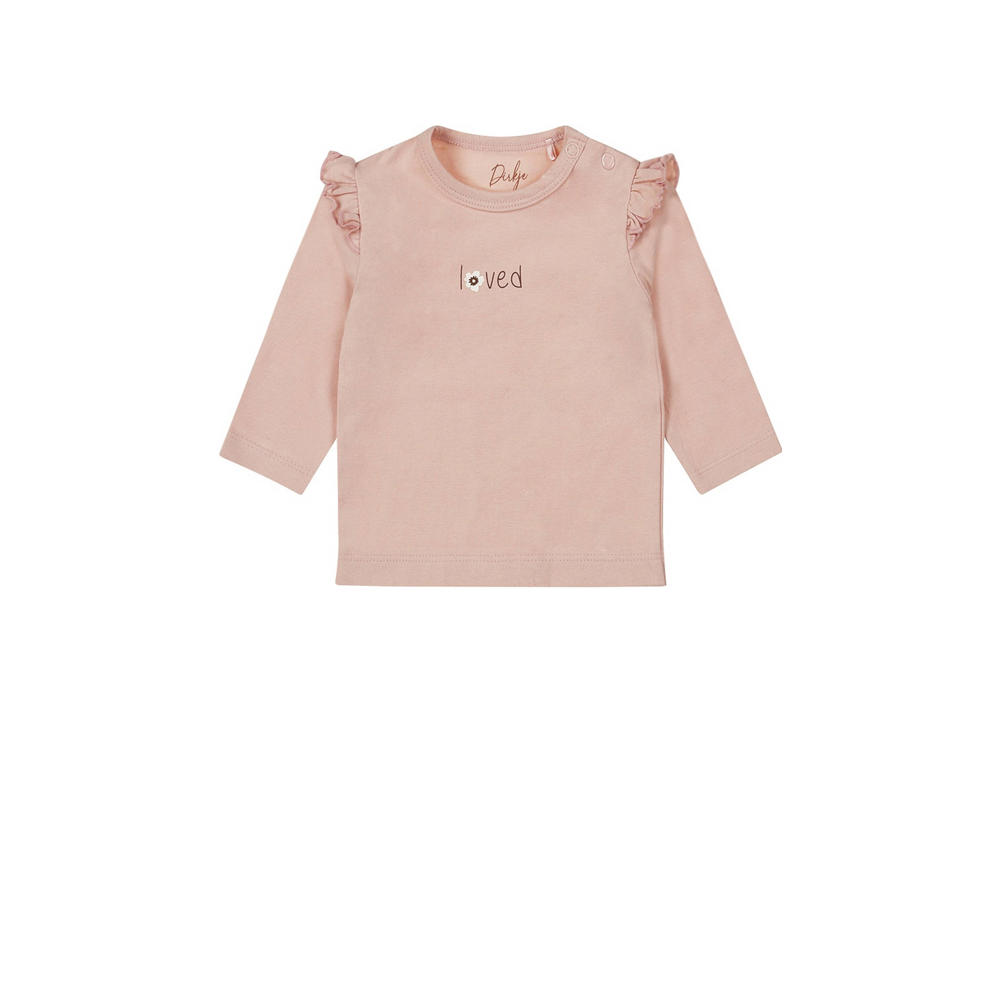 Roze meisjes Dirkje baby longsleeve en ruches met printopdruk, lange mouwen, ronde hals en drukknoopsluiting