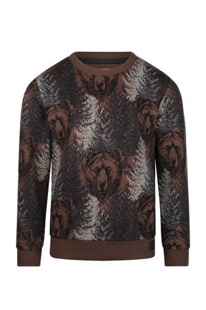 sweater met all over print bruin/grijs/donkergrijs