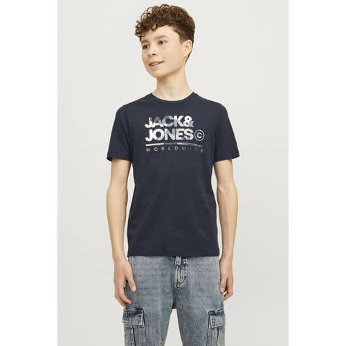 jack & jones JUNIOR T-shirt JJLUKE met logo donkerblauw Jongens Katoen Ronde hals 152