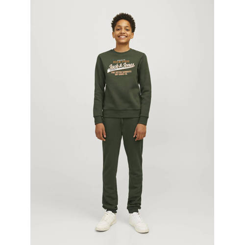 jack & jones JUNIOR sweater JJELOGO met logo warm donkergroen Logo 164