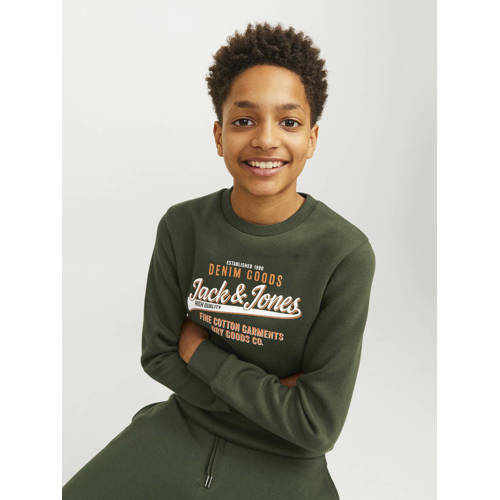 jack & jones JUNIOR sweater JJELOGO met logo warm donkergroen Logo 164