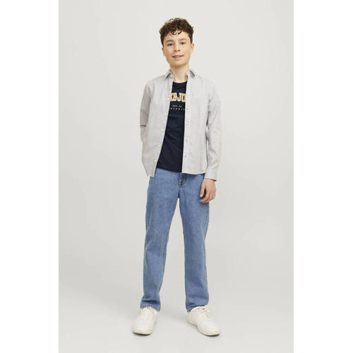 jack & jones JUNIOR T-shirt JJECALEB VARSITY met logo donkerblauw Jongens Katoen Ronde hals 152