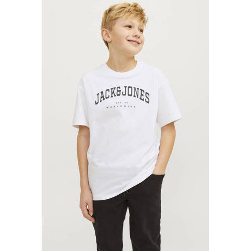 jack & jones JUNIOR T-shirt JJECALEB VARSITY met logo wit Jongens Katoen Ronde hals 152