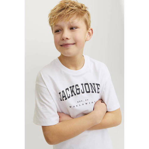 jack & jones JUNIOR T-shirt JJECALEB VARSITY met logo wit Jongens Katoen Ronde hals 152