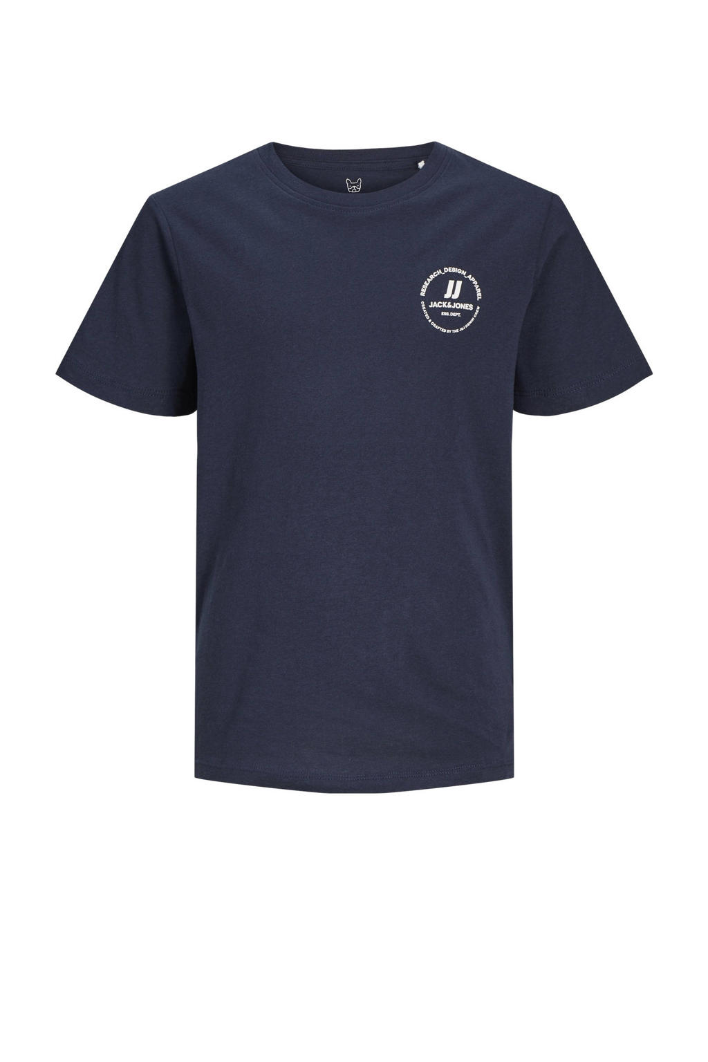 Donkerblauwe jongens JACK & JONES JUNIOR T-shirt van katoen met effen, korte mouwen en ronde hals