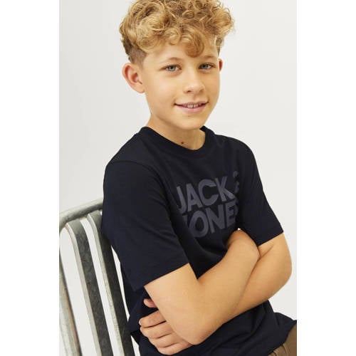 jack & jones JUNIOR T-shirt JJECORP met tekst Zwart Jongens Katoen Ronde hals 152