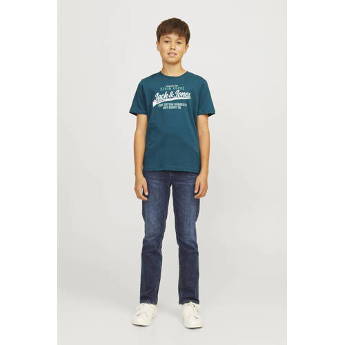 jack & jones JUNIOR T-shirt JJELOGO met logo petrol Blauw Jongens Katoen Ronde hals 140