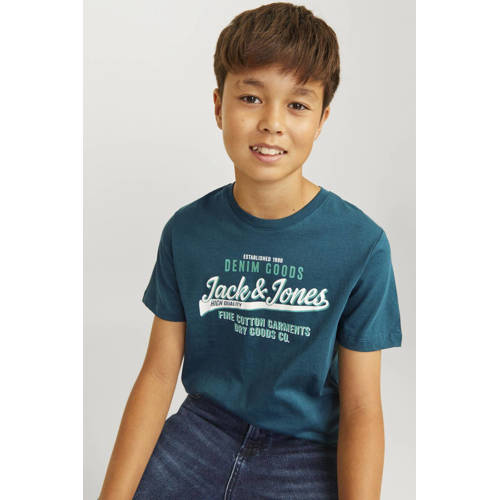 jack & jones JUNIOR T-shirt JJELOGO met logo petrol Blauw Jongens Katoen Ronde hals 140